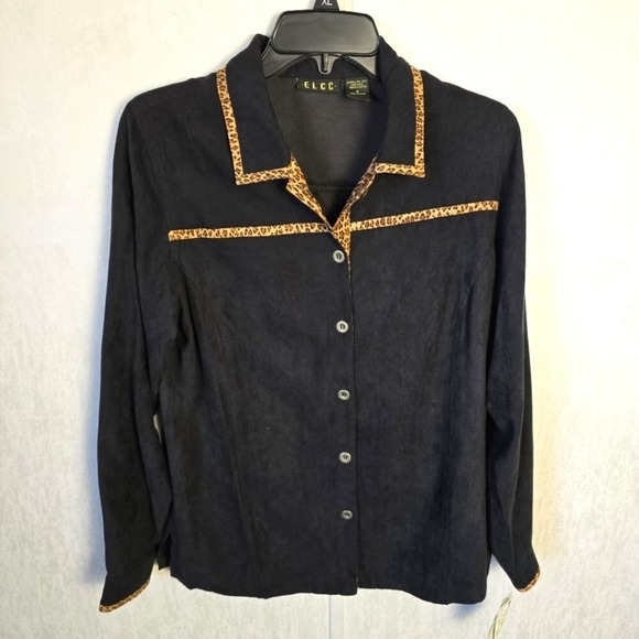 VTG ELCC Womens M Black Shirt Cheetah Suede Button Up  Diva Casual Western Y2K - Picture 1 of 10